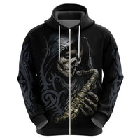 Black pullover hoodie front view with skull and skeleton holding guitar, full chest print