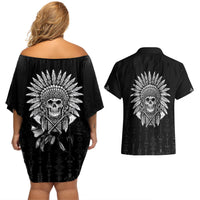 Skull Couples Matching Off Shoulder Short Dress and Hawaiian Shirt Chief Skeleton - Wonder Print Shop