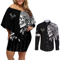 Skull Couples Matching Off Shoulder Short Dress and Long Sleeve Button Shirts Chief Skeleton - Wonder Print Shop