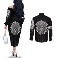 Skull Couples Matching Off The Shoulder Long Sleeve Dress and Long Sleeve Button Shirts Chief Skeleton DT01