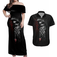 Skull Couples Matching Off Shoulder Maxi Dress and Hawaiian Shirt Death Angel In Love - Wonder Print Shop