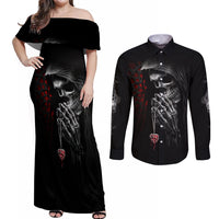Skull Couples Matching Off Shoulder Maxi Dress and Long Sleeve Button Shirts Death Angel In Love - Wonder Print Shop