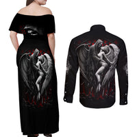 Skull Couples Matching Off Shoulder Maxi Dress and Long Sleeve Button Shirts Death Angel In Love - Wonder Print Shop