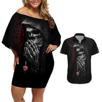 Skull Couples Matching Off Shoulder Short Dress and Hawaiian Shirt Death Angel In Love - Wonder Print Shop