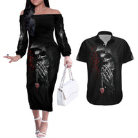 Skull Couples Matching Off The Shoulder Long Sleeve Dress and Hawaiian Shirt Death Angel In Love - Wonder Print Shop