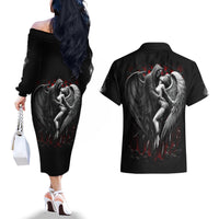 Skull Couples Matching Off The Shoulder Long Sleeve Dress and Hawaiian Shirt Death Angel In Love - Wonder Print Shop