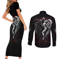 Skull Couples Matching Short Sleeve Bodycon Dress and Long Sleeve Button Shirts Death Angel In Love - Wonder Print Shop