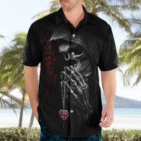 Black Hawaiian shirt with skull hands and dangling red heart pendant print