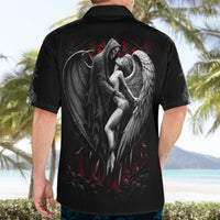 Black Hawaiian shirt with back angel-wing woman and red accent print