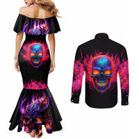 Skull Couples Matching Mermaid Dress and Long Sleeve Button Shirts Purple Skull Fire DT01
