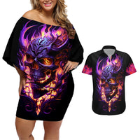 Skull Couples Matching Off Shoulder Short Dress and Hawaiian Shirt Purple Skull Fire - Wonder Print Shop