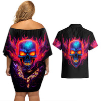 Skull Couples Matching Off Shoulder Short Dress and Hawaiian Shirt Purple Skull Fire - Wonder Print Shop
