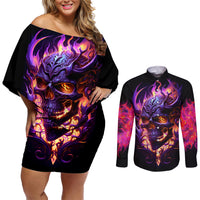 Skull Couples Matching Off Shoulder Short Dress and Long Sleeve Button Shirts Purple Skull Fire - Wonder Print Shop