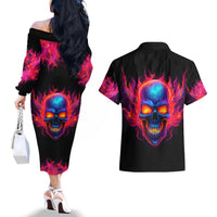 Skull Couples Matching Off The Shoulder Long Sleeve Dress and Hawaiian Shirt Purple Skull Fire - Wonder Print Shop