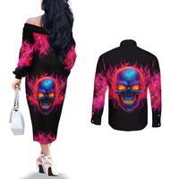 Skull Couples Matching Off The Shoulder Long Sleeve Dress and Long Sleeve Button Shirts Purple Skull Fire DT01
