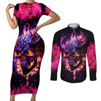 Skull Couples Matching Short Sleeve Bodycon Dress and Long Sleeve Button Shirts Purple Skull Fire - Wonder Print Shop