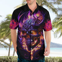 Men's black Hawaiian shirt, button-front, purple skull and flame artwork