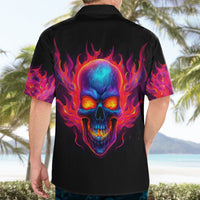 Men's black Hawaiian shirt, back view, glowing skull flame graphic