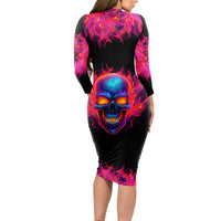 Skull Long Sleeve Bodycon Dress Purple Skull Fire - Wonder Print Shop