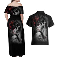 Skull Couples Matching Off Shoulder Maxi Dress and Hawaiian Shirt Death Angel And Da de Muertos Girl - Wonder Print Shop