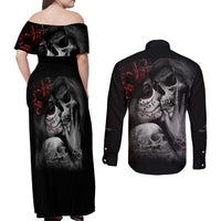 Skull Couples Matching Off Shoulder Maxi Dress and Long Sleeve Button Shirts Death Angel And Da de Muertos Girl - Wonder Print Shop