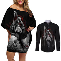 Skull Couples Matching Off Shoulder Short Dress and Long Sleeve Button Shirts Death Angel And Da de Muertos Girl - Wonder Print Shop
