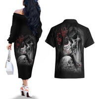 Skull Couples Matching Off The Shoulder Long Sleeve Dress and Hawaiian Shirt Death Angel And Da de Muertos Girl - Wonder Print Shop