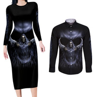 Skull Couples Matching Long Sleeve Bodycon Dress and Long Sleeve Button Shirts Purple Death Reaper - Wonder Print Shop