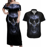 Skull Couples Matching Off Shoulder Maxi Dress and Hawaiian Shirt Purple Death Reaper - Wonder Print Shop