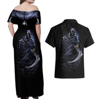 Skull Couples Matching Off Shoulder Maxi Dress and Hawaiian Shirt Purple Death Reaper - Wonder Print Shop