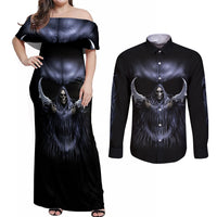 Skull Couples Matching Off Shoulder Maxi Dress and Long Sleeve Button Shirts Purple Death Reaper - Wonder Print Shop