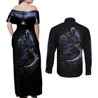 Skull Couples Matching Off Shoulder Maxi Dress and Long Sleeve Button Shirts Purple Death Reaper - Wonder Print Shop