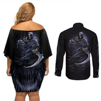 Skull Couples Matching Off Shoulder Short Dress and Long Sleeve Button Shirts Purple Death Reaper - Wonder Print Shop