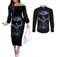 Skull Couples Matching Off The Shoulder Long Sleeve Dress and Long Sleeve Button Shirts Purple Death Reaper DT01