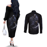 Skull Couples Matching Off The Shoulder Long Sleeve Dress and Long Sleeve Button Shirts Purple Death Reaper DT01