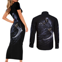 Skull Couples Matching Short Sleeve Bodycon Dress and Long Sleeve Button Shirts Purple Death Reaper - Wonder Print Shop
