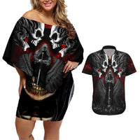 Skull Couples Matching Off Shoulder Short Dress and Hawaiian Shirt Double Skull And Death Angel - Wonder Print Shop