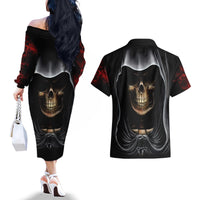 Skull Couples Matching Off The Shoulder Long Sleeve Dress and Hawaiian Shirt Double Skull And Death Angel - Wonder Print Shop