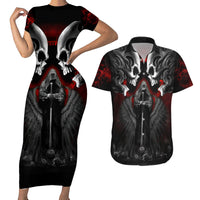 Skull Couples Matching Short Sleeve Bodycon Dress and Hawaiian Shirt Double Skull And Death Angel - Wonder Print Shop