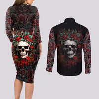 Skull Couples Matching Long Sleeve Bodycon Dress and Long Sleeve Button Shirts Red Rose - Wonder Print Shop