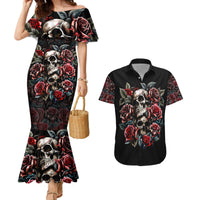 Skull Couples Matching Mermaid Dress And Hawaiian Shirt Red Rose - Wonder Print Shop