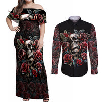 Skull Couples Matching Off Shoulder Maxi Dress and Long Sleeve Button Shirts Red Rose - Wonder Print Shop