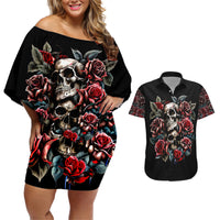 Skull Couples Matching Off Shoulder Short Dress and Hawaiian Shirt Red Rose - Wonder Print Shop