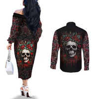 Skull Couples Matching Off The Shoulder Long Sleeve Dress and Long Sleeve Button Shirts Red Rose DT01