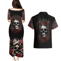 Skull Couples Matching Puletasi Dress and Hawaiian Shirt Red Rose - Wonder Print Shop