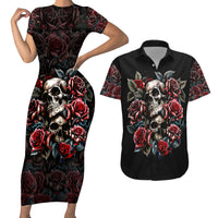 Skull Couples Matching Short Sleeve Bodycon Dress and Hawaiian Shirt Red Rose - Wonder Print Shop
