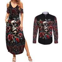 Black skull and rose print off-shoulder maxi dress and long-sleeve button shirt set
