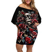 Skull Off Shoulder Short Dress Red Rose - Wonder Print Shop