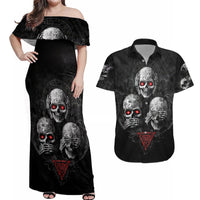 Skull Couples Matching Off Shoulder Maxi Dress and Hawaiian Shirt No See No Hear No Speak Evil - Wonder Print Shop