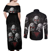 Skull Couples Matching Off Shoulder Maxi Dress and Long Sleeve Button Shirts No See No Hear No Speak Evil - Wonder Print Shop